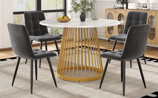 Esstisch 80x80x76 cm, Marmor-MDF-Tischplatte mit schwarzem Metalllgestell, 5‑teiliges Set mit Samtstühlen, Multicolor,weiß und grau und glod