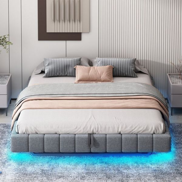 Merax Polsterbett schwebendes Design mit LED-Lichtleiste (1-tlg, Hydraulisches Stauraumbett Mehrzweckbett), Doppelbett 180x200cm mit hydraulischem Stauraum, ohne Kopfteil, Leinen