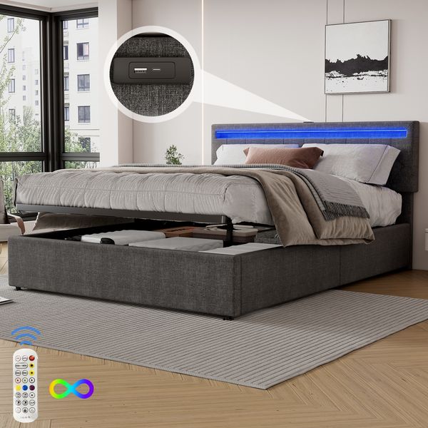 Gepolstertes Bett mit Stauraum, LED-Umgebungslicht, 24-Tasten-Fernbedienung, USB & Typ-C Ladeanschluss,Grau