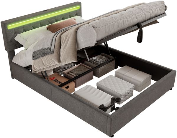 Gepolstertes Bett mit Stauraum, LED-Umgebungslicht, 24-Tasten-Fernbedienung, USB & Typ-C Ladeanschluss,Grau Bild 8