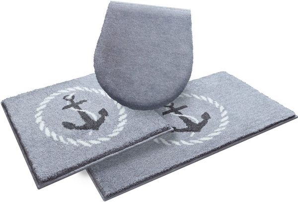 Grund Badematte Port Louis, Höhe 20 mm, rutschhemmend beschichtet, fußbodenheizungsgeeignet, Kunstfaser, rechteckig, 3-tlg. Hänge-WC Set, Design mit Anker, maritim, Made in Europe
