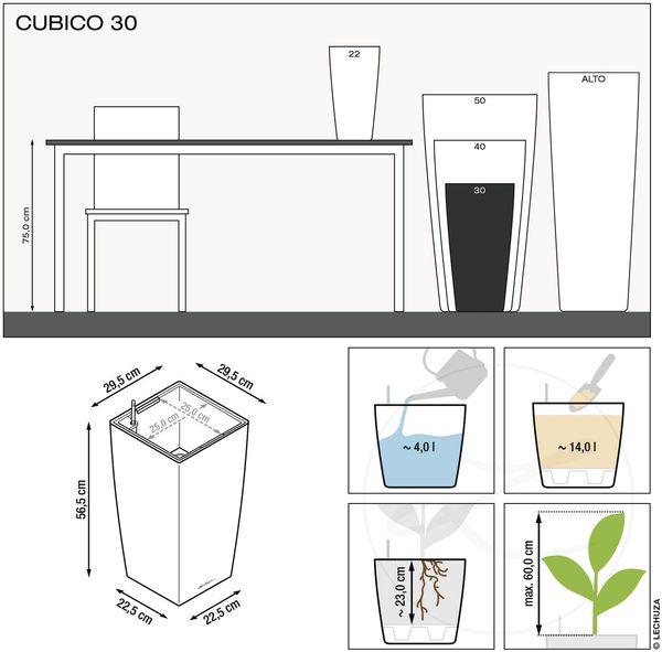 LECHUZA-Pflanzgefäß CUBICO Premium 30 Weiß Hochglanz | Pflanzgefäß mit Bewässerungssystem, Wasserstandsanzeiger und Pflanzeinsatz | Hochglanz-Oberfläche | 29,5 x 29,5 x 56,5 cm | 18181 Bild 12