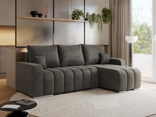 Universelles Ecksofa in Streifen genäht mit Schlaffunktion und Bettkasten, modern Stil - KIRASSO - Dunkelgrau Velvet