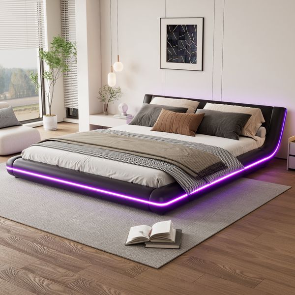 160*200cm Flachbett, Bodenbett, PU, LED-Umgebungslicht, Schwarz