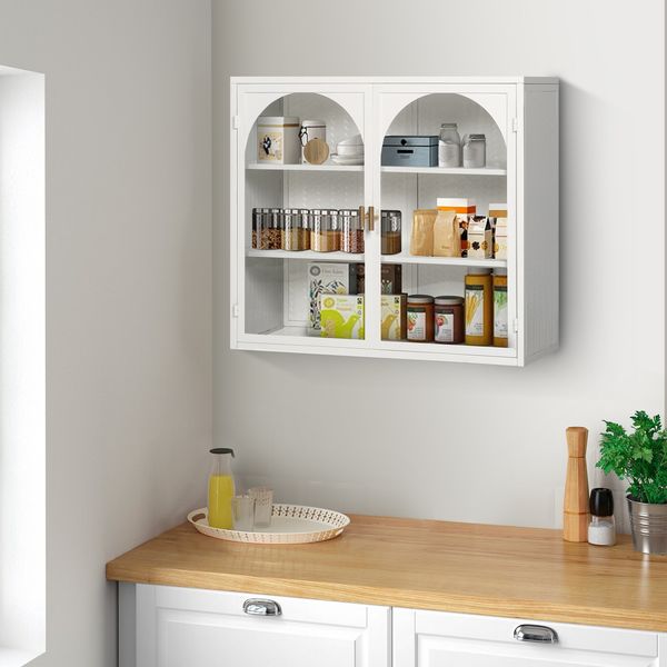 Flieks Wandschrank Küchen-Hängeschrank mit 2 Glastüren & 3 Ablagen, Einzigartige Webmuster, Weiß