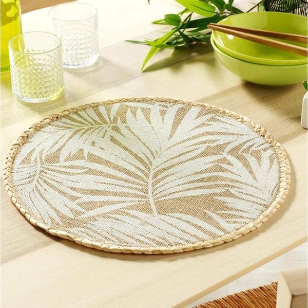 Macosa Home Platzset 4er Set Platzset Jute Dschungel Blätter rund Beige Weiß Bohostil, (4-St, Teller Unterlage Platzdeckchen Tischmatte 38 cm), Platzmatten modern Boho Tischset Tisch-Untersetzer