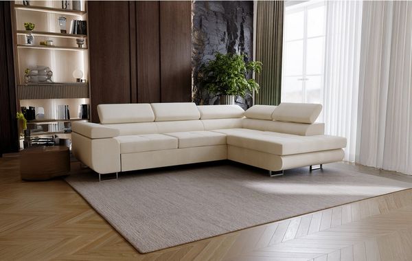 Goldstoff Ecksofa mit Schlaffunktion - Designersofa, Sofa mit Bettfunktion & Bettkasten, Schlafsofa RIVIA, multifunktionale Couch mit verstellbaren Kopfstützen in beige