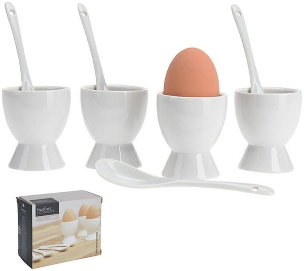 Koopman Eierbecher Eierbehälter Porzellan Weiß Becher + Löffel 8tlg, (Stück, 8-tlg, Packung), Set, Keramik, Ø5cm, 4 Becher, 4 Löffel
