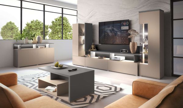 99rooms Rio Wohnzimmerset Cappuccino Anthrazit Schwarz mit LED-Beleuchtung