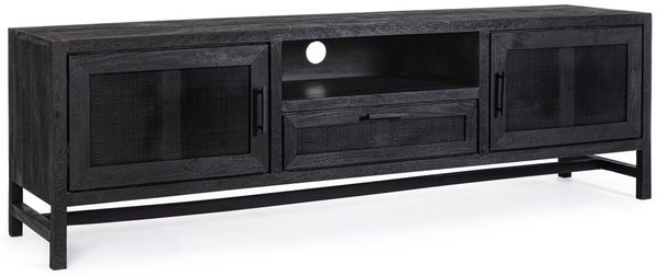 TV-Board Weston aus Mangoholz, modernes Design mit Rattanfront, schwarz, 180 cm breit