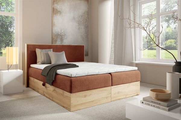 Boxspringbett Schlafzimmerbett ROLAND PREMIUM 200x220cm in Stoff Lincoln Rostbraun