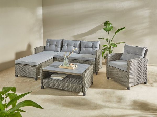 KONIFERA Gartenlounge-Set Cordoba, (Set, 11-tlg, 2x Bank, 1x Sessel, 1x Tisch 90x55x43cm, inkl. Auflagen), Polyratten, Stahl, Tischplatte aus Nonwood, geeignet für 4 Personen