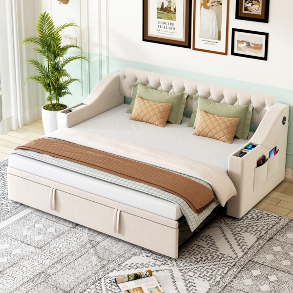 Merax Polsterbett Schlafsofa, 90/180*190 cm, Breitere und Dickere Armlehnen mit USB-Ladeanschluss, Integrierte Ablage in den Armlehnen, Mit Ablagetaschen, Mit Lattenrost, Samtstoff, Beige