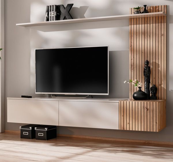 Furn. Design Wohnwand Madina, (Fernsehschrank in Kaschmir / Sand mit Eiche Artisan, Breite 180 cm, TV bis ca. 70), mit Push-To-Open und Soft-Close