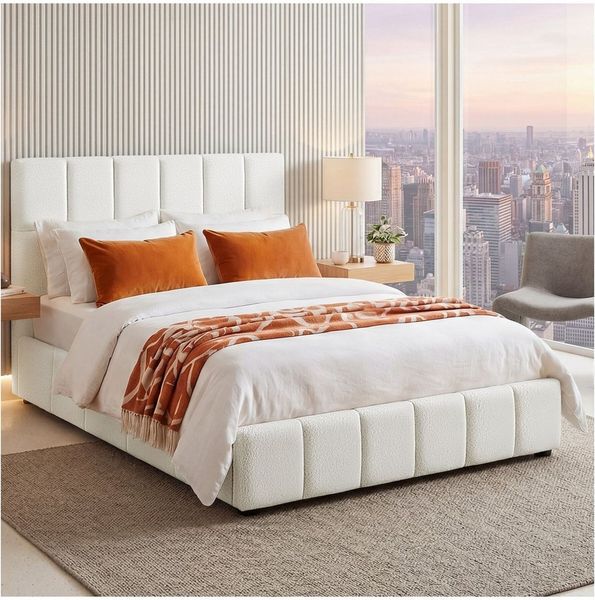 tectake Polsterbett Elegantes teddystoff-bett mit integrierter lattenrostauflage (Polsterbett günstig Shirley, in Teddy creme), stabiles Gestell aus Holz und pulverbeschichtetem Stahl