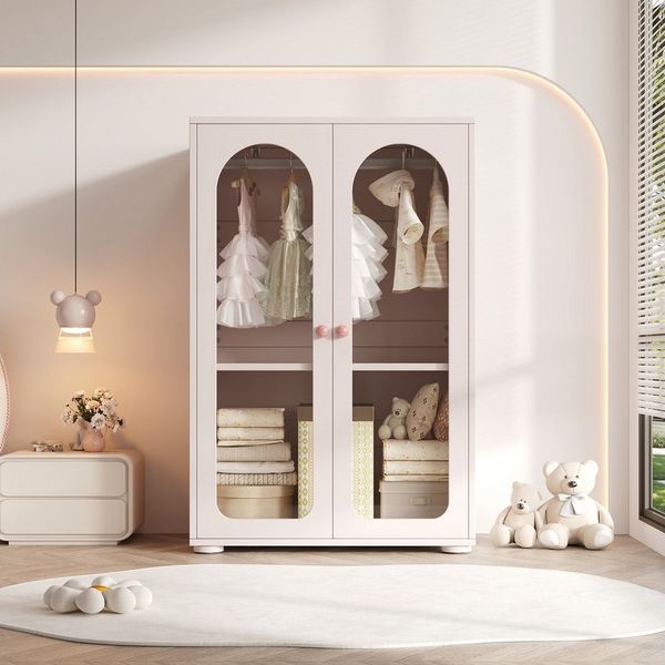 Flieks Kinderkleiderschrank (1-St) 2-türiger Schrank mit Kleiderstange Acryl-Transparenttüren 80×50×120cm