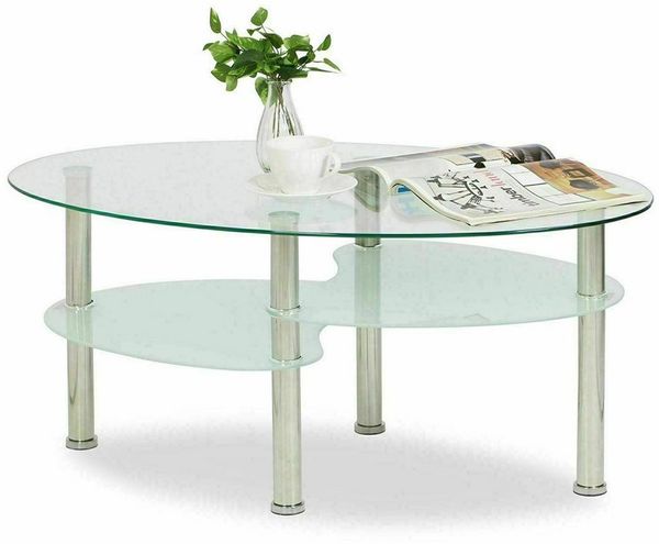 JEOBEST Couchtisch Couchtischen Beistelltisch für Wohnzimmer, Glastisch, Transparent, 2 Ebenen, oval, Modern Design, Rahmen aus Edelstahl