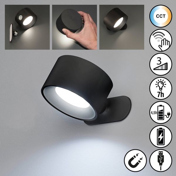 FHL easy 830048 LED Akku Wandleuchte Magnetics rund schwarz matt CCT dimmbar