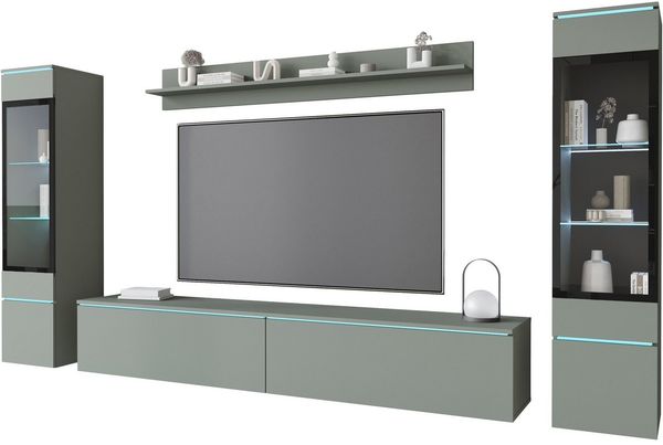 Home affaire Wohnwand VERA II, Vitrinen Türanschlag wechselbar, (Komplett-Set, 4-St), Vitrine mit Verglasung, stehend und hängend, inklusive Beleuchtung