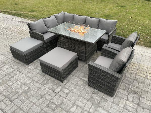 Fimous 10 Sitzer Outdoor Rattan Gartenmöbel-Set Ecksofa Gas Feuertisch Sets mit 2 Großer Hockern 2 Sesseln Dunkelgrau gemischt