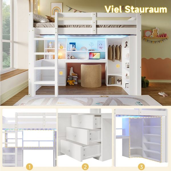 MODFU Kinderbett mit Kleiderschrank & Schreibtisch (Hochbett mit LED-Leuchten, Jugendbett 140X200 cm), ohne Matratze