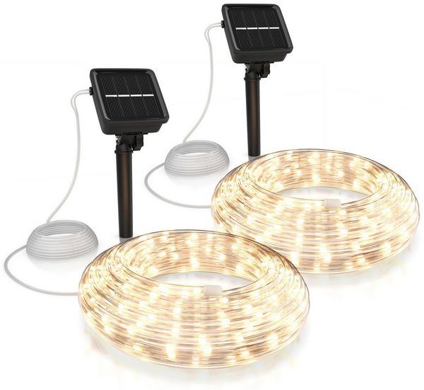 BEARWARE LED-Lichterkette Solar 10m warmweiß, Innen & Außen, Solarpanel mit Akku, 100 Leds, IP44, 2 Modis, wetterfest für Garten, Hochzeit, Balkon, Terasse uvm.