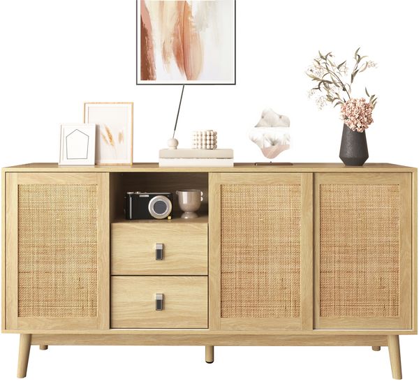 Sideboard mit 3 Schiebetüren aus echtem Rattan und 2 Schubladen, 155x38x80 cm, atmungsaktiv, stabil und vielseitig