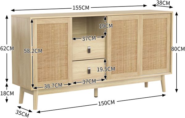 Sideboard mit 3 Schiebetüren aus echtem Rattan und 2 Schubladen, 155x38x80 cm, atmungsaktiv, stabil und vielseitig Bild 6