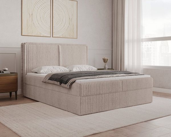 MOEBLO Boxbett BETT 04 aus Cord (mit Bettkasten und Topper – Cord Polsterbett Bett 04 mit gestepptem Kopfteil, Federmechanismus und Stauraum, Doppelbett 140x200, 160x200, 180x200 cm, Boxbett inklusive Topper und integriertem Bettkasten), (B x H x T): 1...