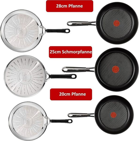 Tefal Pfannen-Set Jamie Oliver E76 Pfannenset 20,28cm + Schmorpfanne mit Deckel 25cm, Edelstahl 18/10 (Pfanne, Bratpfannen Set, Pfannenset, Schmorpfanne, Pfannen + 1 Wender & Schoner Antihaftbeschichtet Pfannenset mit Deckel), Antihaftbeschichtet