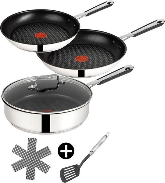 Tefal Pfannen-Set Jamie Oliver E76 Pfannenset 20,28cm + Schmorpfanne mit Deckel 25cm, Edelstahl 18/10 (Pfanne, Bratpfannen Set, Pfannenset, Schmorpfanne, Pfannen + 1 Wender & Schoner Antihaftbeschichtet Pfannenset mit Deckel), Antihaftbeschichtet