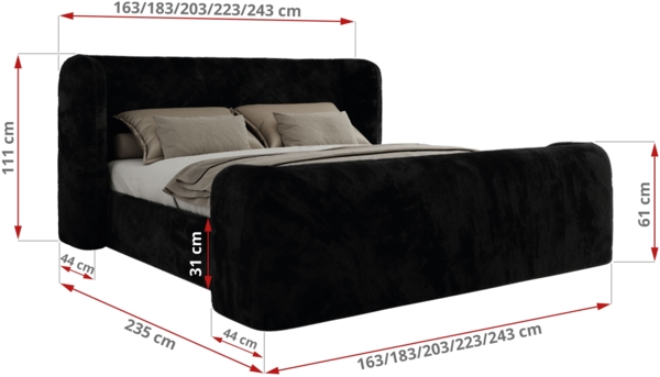 Polsterbett mit Lattenrost, Doppelbett für Schlafzimmer, Gepolstertes Kopfteil, Multipocket matratze, Härtegrad H3/H4 - EMORA CLASSIC DUO - 140 x 200 cm - Schwarz Stoff - ELORI - LUX Bild 4