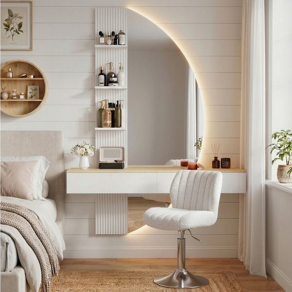 HOMALL Schminktisch Hängender Schminktisch mit LED-Beleuchtung (Maße: 106 × 40 × 143 cm, mit 3 offenen Ablagefächern, 2 Schubladen und drei einstellbaren Farbtemperaturen)