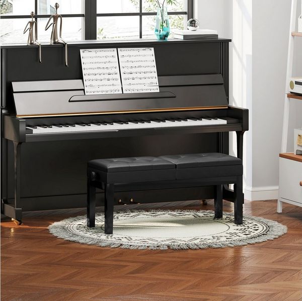 HOMCOM Klavierbank höhenverstellbar mit Stauraum bis 220 KG Belastbar (Pianobank, 1-St, Klavierhocker), Kunstleder, Schwarz, 105 x 37 x 48-58 cm