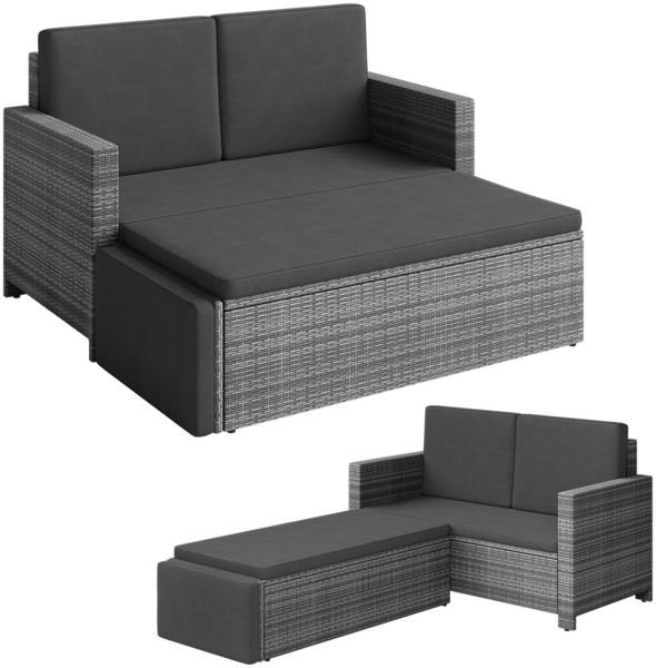 STEELSØN 'Elnath' Polyrattan Gartensofa 2er-Sitzer mit Hocker, klappbar, grau-meliert/anthrazit, wetterfest, Sonnenlounge inkl. Kissen