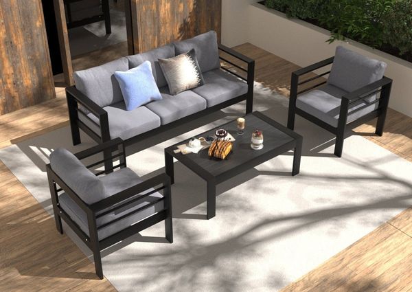MeXo Gartenlounge-Set Gartenmöbel Set 4-5 Personen Aluminium Wetterfest, (12cm Deluxe Relax-Sitzkissen, 4-tlg, Belastbarkeit pro Sitzplatz 140kg), Lounge Gartenmöbelset mit Tisch, Luxus Relax