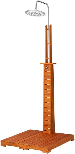 CASARIA® Gartendusche FSC®-zertifiziertes Eukalyptusholz 223,5 cm Seifenablage mit Bodenplatte Großer Duschkopf Gartenschlauch Anschluss Holz Garten Pool Camping Dusche