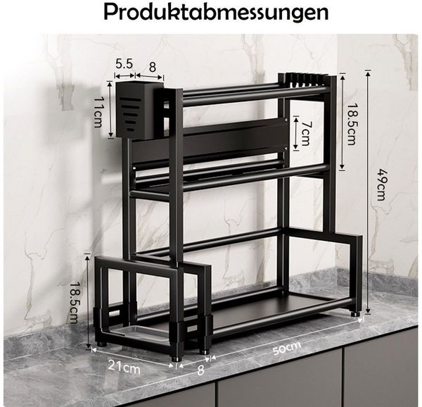 TUWENA Gewürzregal Gewürzregal Stehend, 3 Etagen Großes Kapazität Gewürzdosen Küchenregal, Metall Organizer mit Schneidebretthalter, Utensilienhalter, 6 Haken