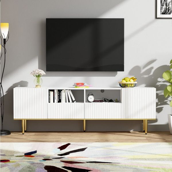 Refined Living Lowboard Moderner TV-Schrank Wohnzimmer TV-Schrank TV-Möbel Fernsehtisch (2 Türen, mit 2 Fächern, 2 Schubladen, mit goldenen Füßen und goldenem Rand, Multifunktion), Moderne goldene Akzente, Hochwertige Materialien, GroBer Stauraum