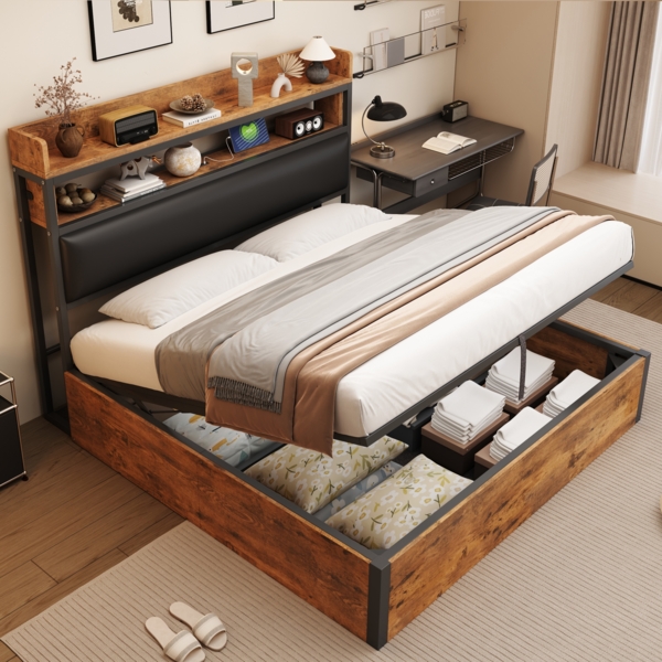 Merax Doppelbett 180 x 200 Polsterbett mit hydraulischem Hubmechanismus, USB, gepolstertem Kopfteil, Retro-Holz- und Metalldesign, versteckte Stauraumschicht, Schwarz