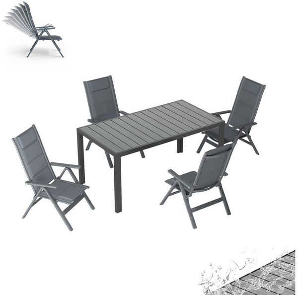 HOMALL Garten-Essgruppe Gartenmöbel Set aus klappbarer Armlehnstuhl und Aluminium Gartentisch, (5-tlg, 4 Klappstuhl (bis 160kg), 1Tisch (bis 100kg), Aluminium, Textilgewebe), Holzoptik Tisch & klappbare Stühle mit 7-fach verstellbarer Lehne