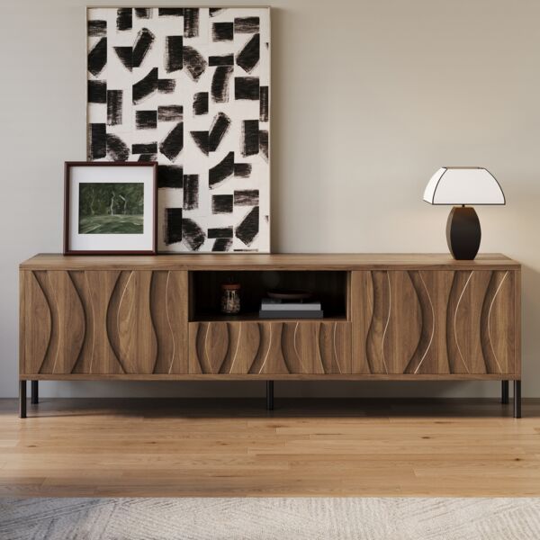 TV-Schrank 160 x 35 x 46 cm aus MDF in Natur mit wellenförmigen Türen & Kabeldurchführungen