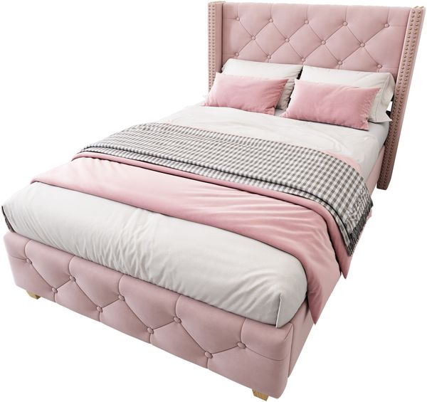 Polsterbett 90x200 cm Samt mit Knopf-Tufting und Nietenbesatz, Lattenrost, verstärkte Holzbeine,Rosa,Matratzen enthalten