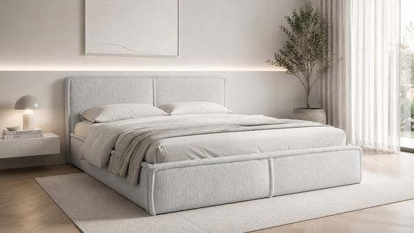 MOEBLO Polsterbett BETT 04 (Bezug: aus Cord, Doppelbett mit Kopfstütze, Rahmenbettgestell 180x200, mit Bettkasten und Lattenrost), mit Bettkasten