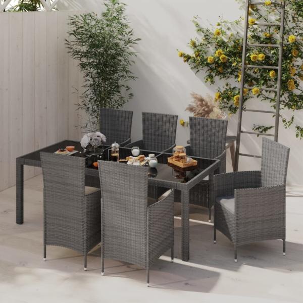 vidaXL 7-tlg. Garten-Essgruppe mit Kissen Poly Rattan Grau 3094883