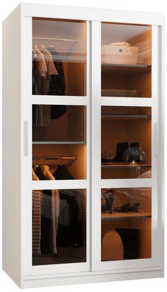 MOEBLO Schiebetürenschrank DEMO mit LED (Kleiderschrank Schwebetürenschrank 2-türig Schrank mit vielen Einlegeböden und Kleiderstange mit LED Gaderobe Schiebtüren Schlafzimmer- Wohnzimmerschrank Modern Design)
