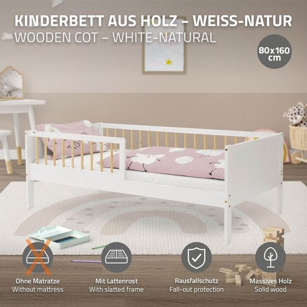 ML-DESIGN Jugendbett Bodenbett Juniorbett inkl. Lattenrost Einzelbett für Kinder Kinderbett, Junior-Bett mit Rausfallschutz Bettrahmen aus MDF / Kiefer