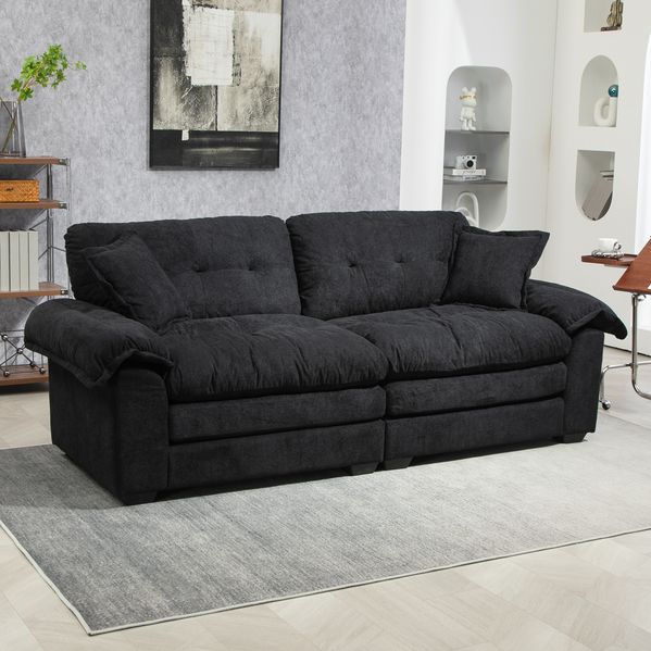 2-Sitzer Sofa aus Chenille mit tiefem Sitz, 214x89x93 cm, Schwarz