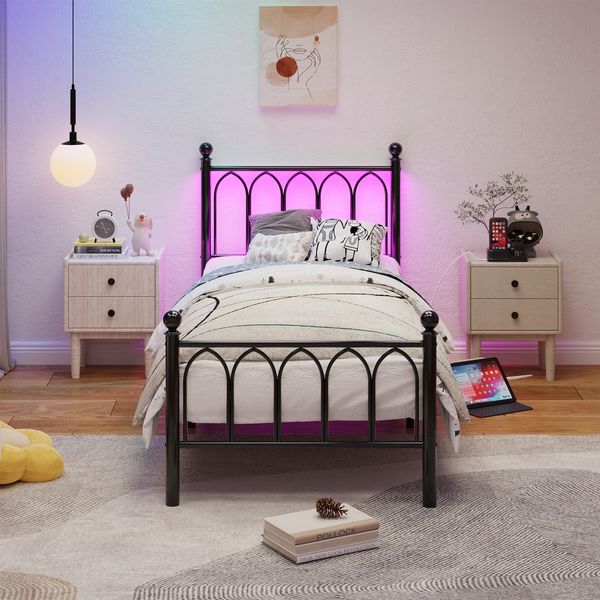 Flieks Jugendbett Metallbett 90x200cm mit Led, Einzelbett Kinderbett mit USB und Steckdose, Klassisches Bett mit Lattenrost, Schwarz