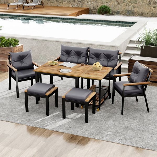 Flieks Gartenlounge-Set, 6-Sitzer Gartenmöbel Sitzgruppe Esstisch mit abnehmbarem Servierwagen